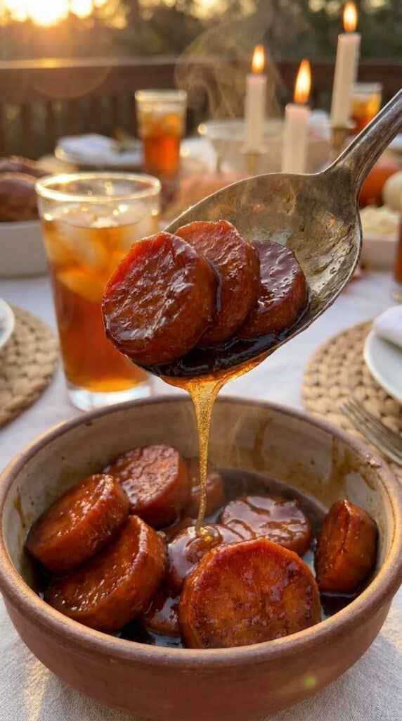 A close-up of a serving spoon lifting glazed sweet potatoes, showing a thick drip of caramelized brown sugar syrup falling from the spoon.