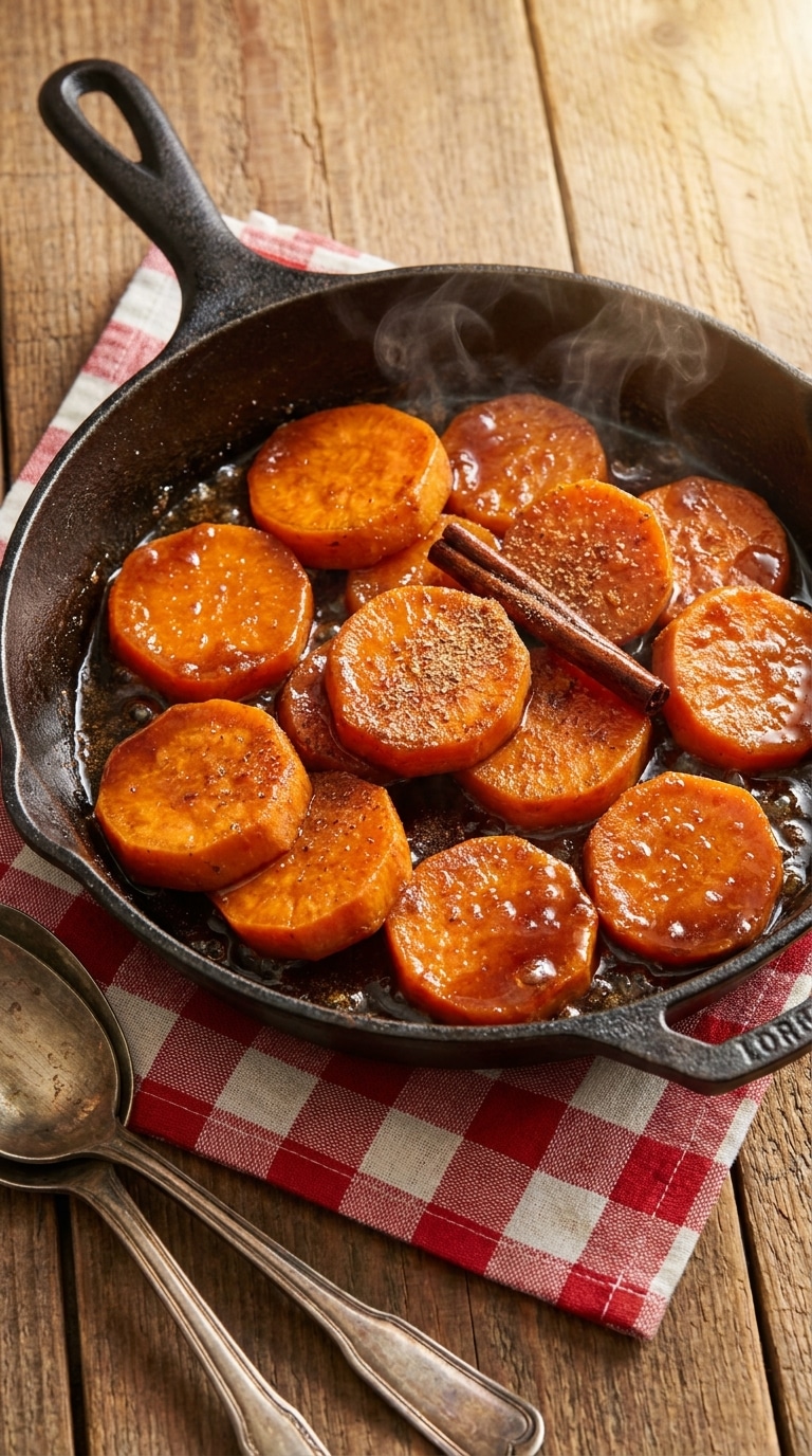 A top-down view of a cast iron skillet filled with thick sliced sweet potatoes coated in a bubbling, sticky brown sugar syrup.