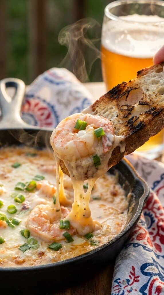 A close-up of a toasted baguette slice scooping up hot, creamy shrimp dip with melted cheese and green onions, with steam rising.