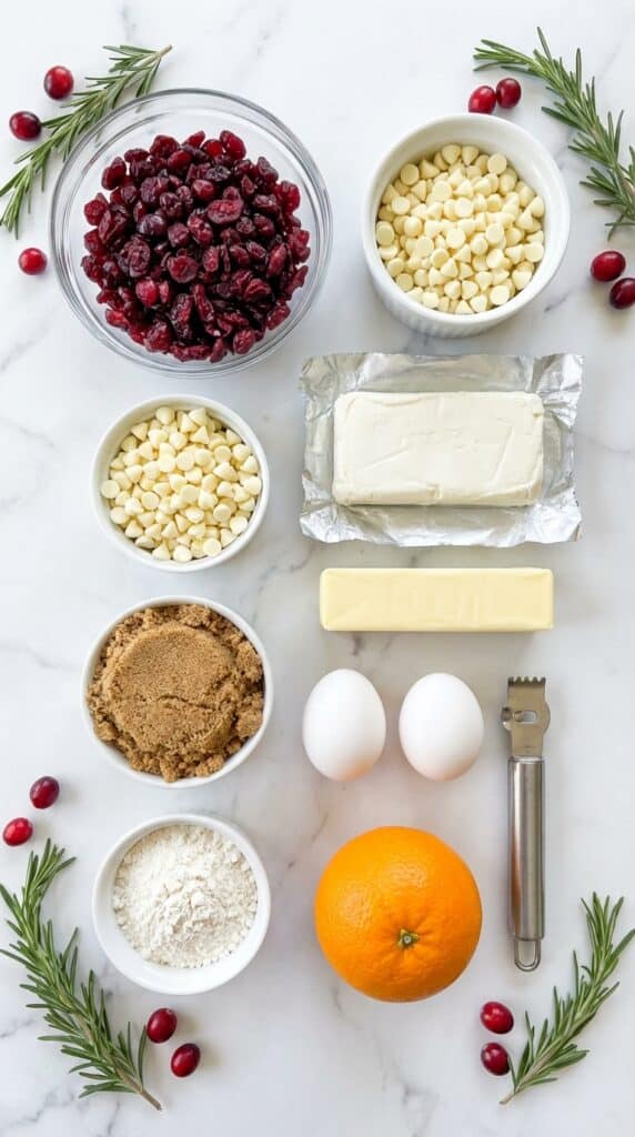 A flat lay showing dried cranberries, white chocolate chips, cream cheese, an orange, brown sugar, eggs, and flour on a marble board.