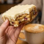 A close-up of a hand holding a triangle cranberry bliss bar with a bite taken out, revealing a dense blondie interior.