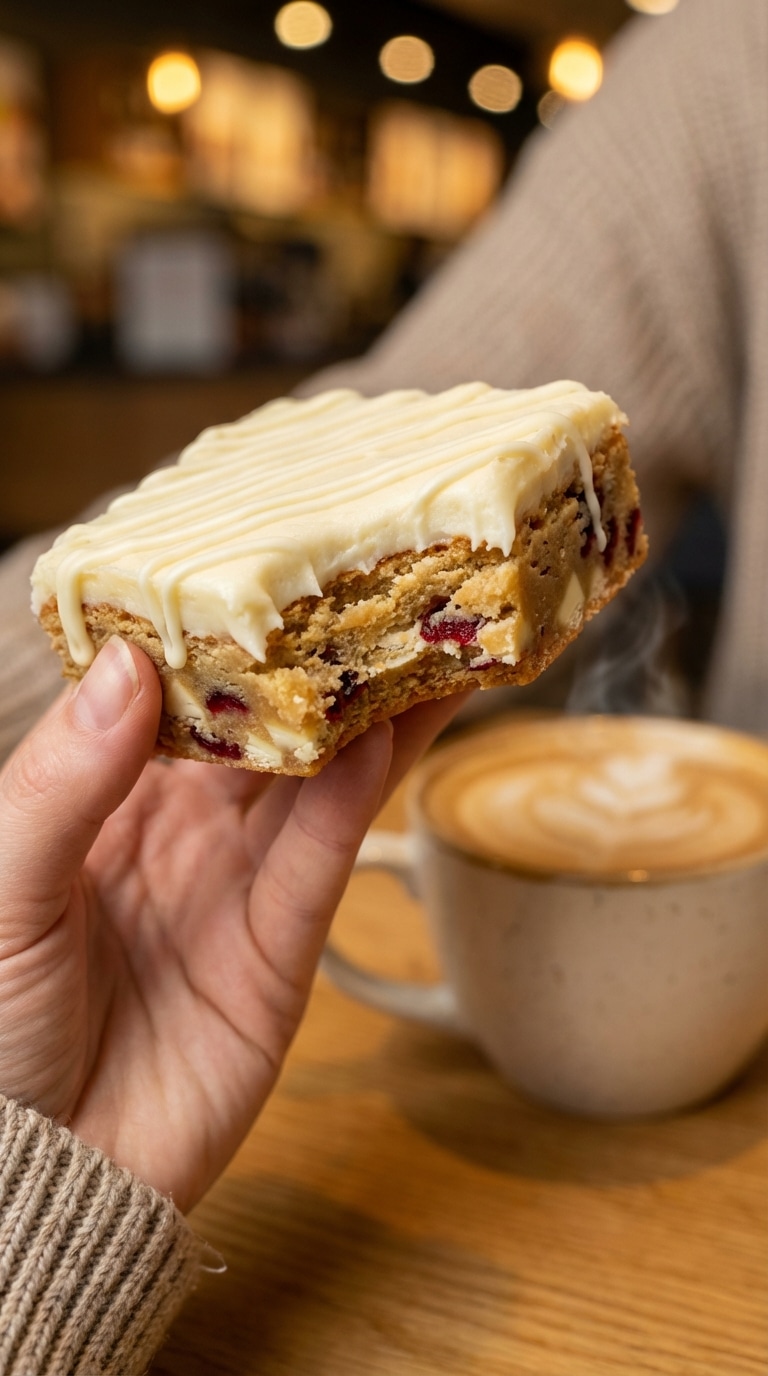 A close-up of a hand holding a triangle cranberry bliss bar with a bite taken out, revealing a dense blondie interior.