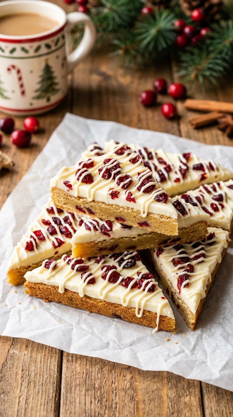 A stack of triangle-cut cranberry bliss bars with cream cheese frosting, dried cranberries, and white chocolate drizzle next to a coffee mug.