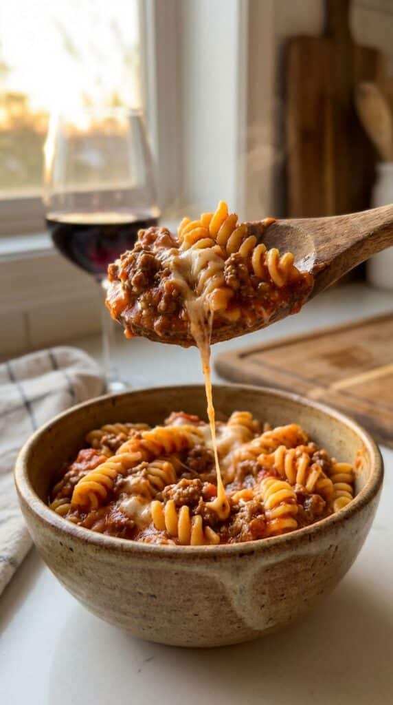 A close-up of a spoon lifting a bite of creamy ground beef and rotini pasta from a bowl, showing the thick sauce coating the noodles.