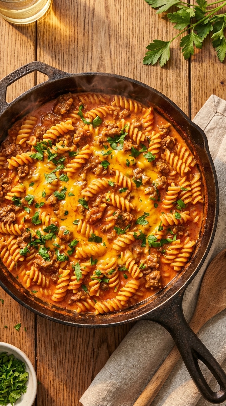 A top-down view of a cast iron skillet filled with rotini pasta and ground beef in a creamy, cheesy tomato sauce, garnished with parsley.