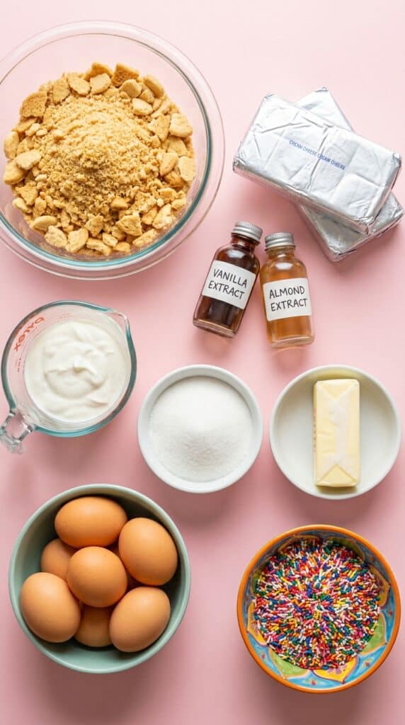 An overhead flat lay showing crushed sugar cookies, cream cheese blocks, sour cream, sugar, eggs, vanilla extract, and rainbow sprinkles arranged on a pink surface.