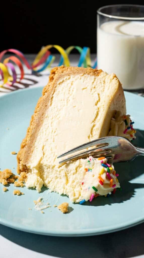 A close-up of a fork slicing into a dense, creamy piece of sugar cookie cheesecake on a blue plate, highlighting the smooth texture and thick cookie crust.