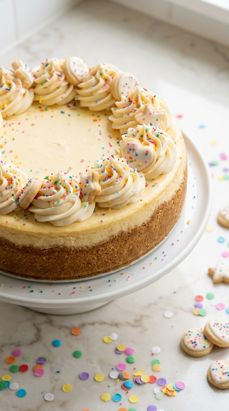 A tall, creamy cheesecake with a thick sugar cookie crust, topped with piped vanilla frosting swirls, rainbow sprinkles, and mini sugar cookies, displayed on a white cake stand.