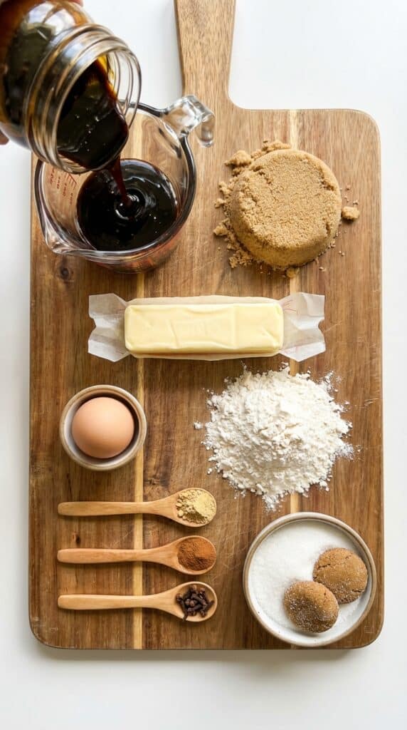 A flat lay showing a jar of molasses pouring, brown sugar, butter, flour, egg, and warm spices on a wooden board.