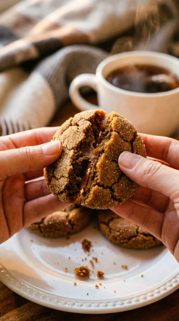 A close-up of hands breaking a soft molasses cookie in half, revealing a dense, chewy center, with a mug of tea in the background.