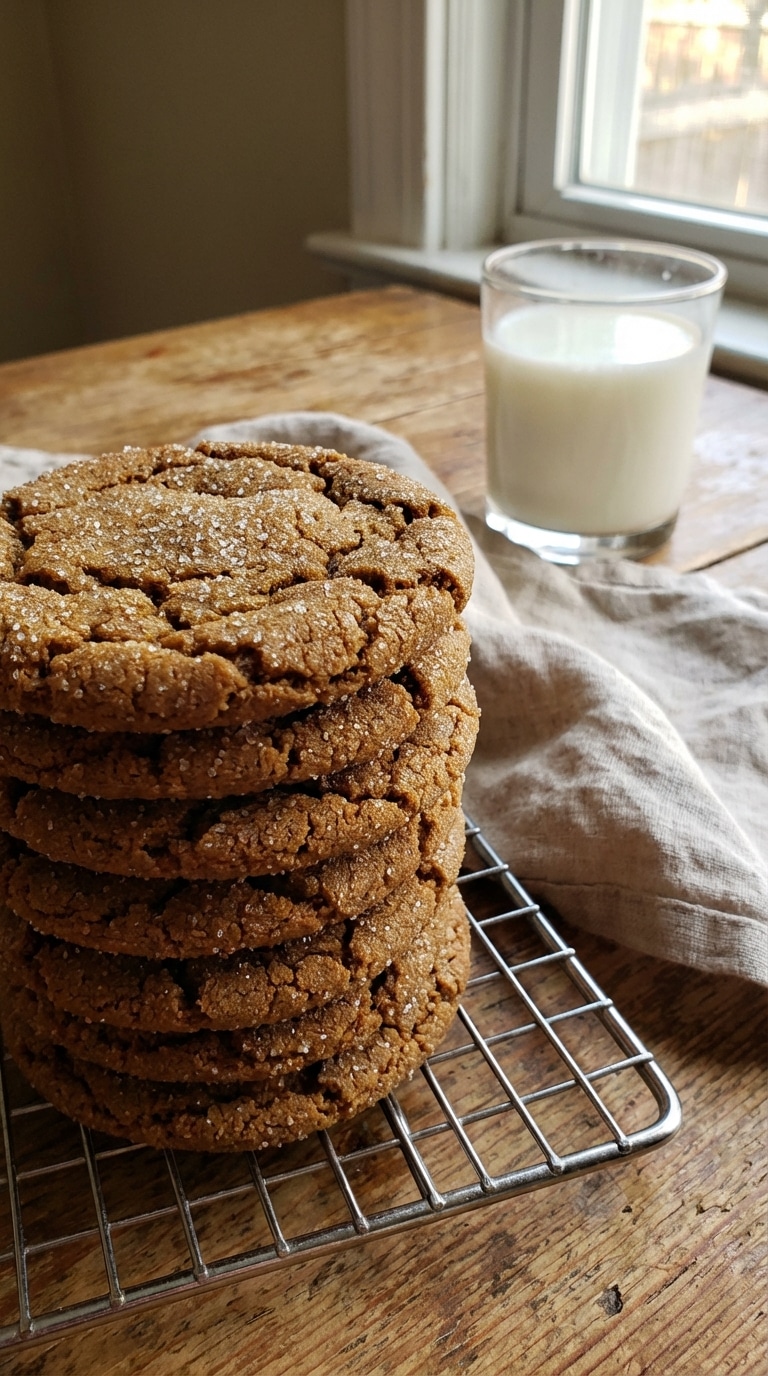 A tall stack of soft, chewy molasses cookies with cracked, sugar-coated tops resting on a wire cooling rack.