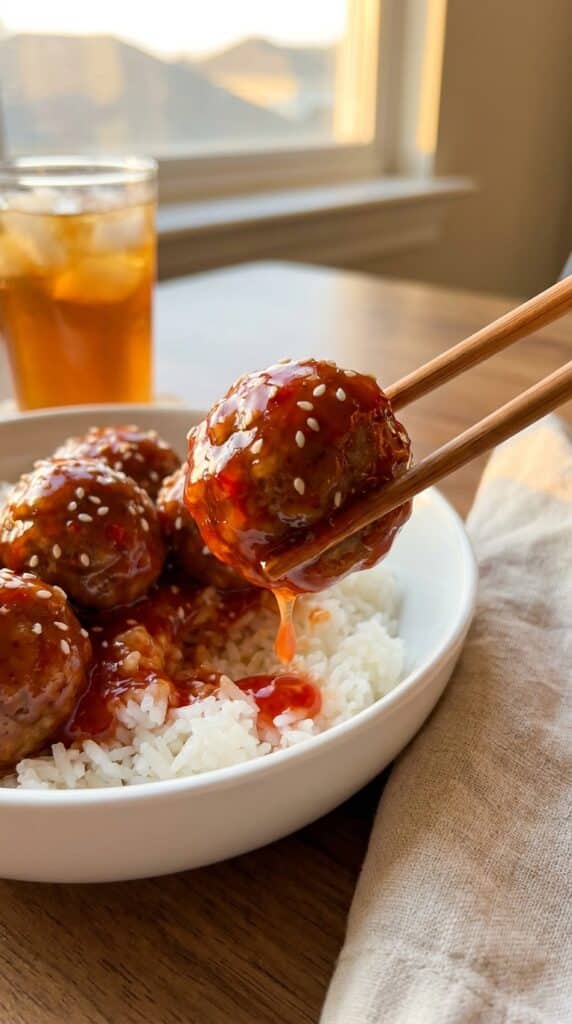 A close-up of chopsticks lifting a sticky, glazed sweet chili meatball from a bowl of white rice, garnished with sesame seeds.