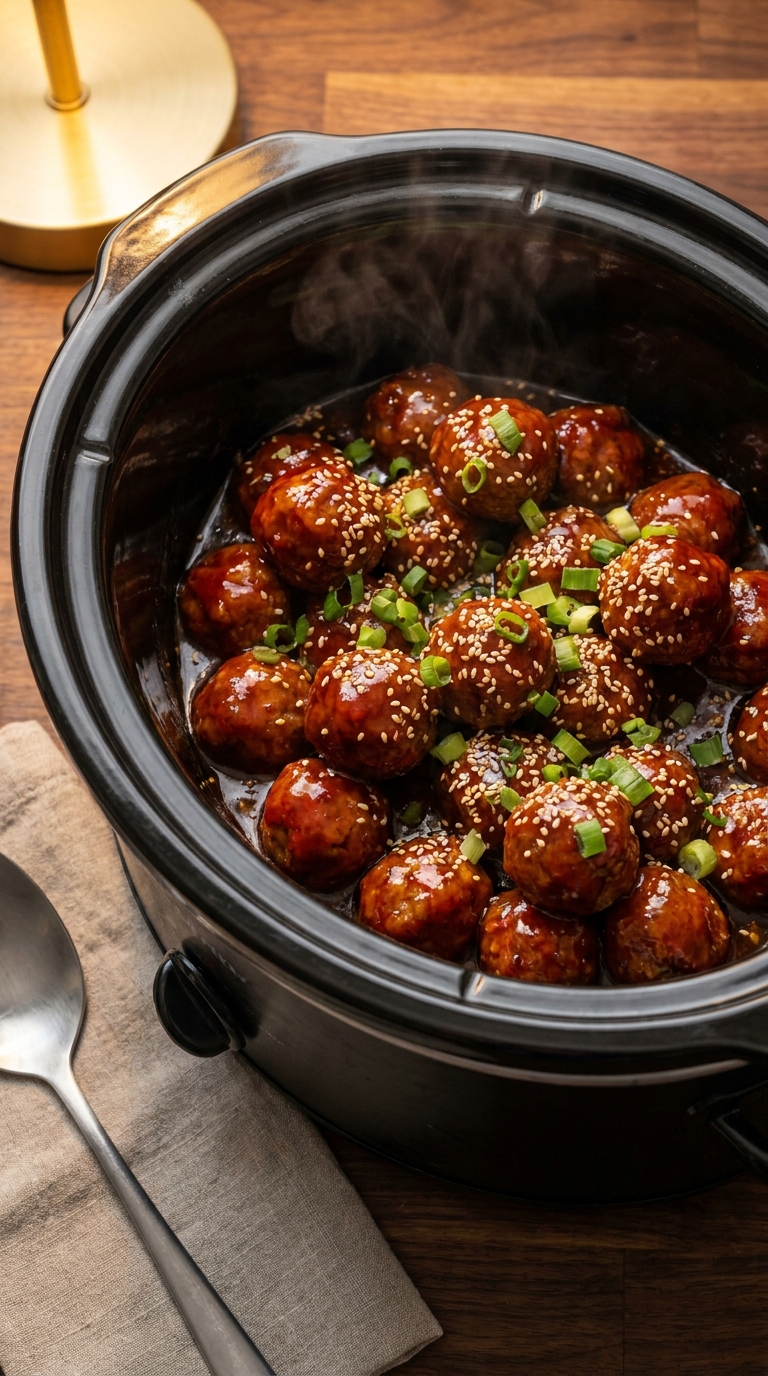 A top-down view of a black slow cooker filled with glazed sweet chili meatballs garnished with green onions and sesame seeds.