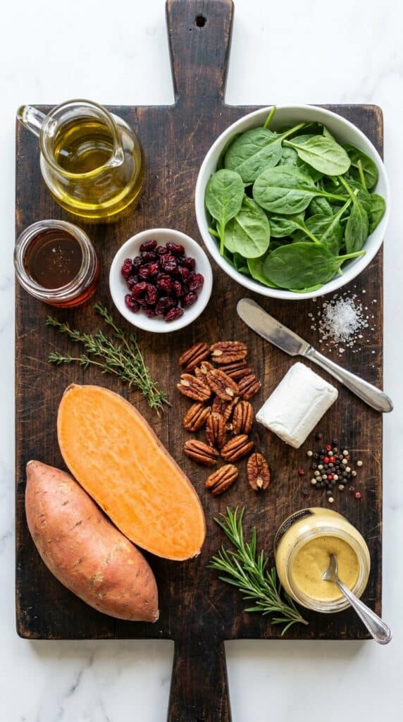 A flat lay showing whole sweet potatoes, baby spinach, dried cranberries, goat cheese, pecans, olive oil, and maple syrup on a wooden board.