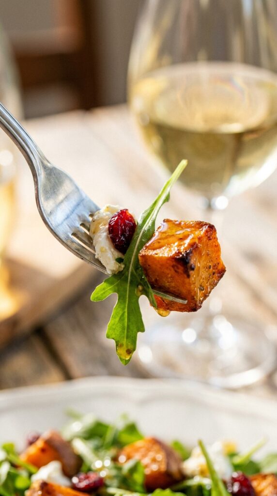 A close-up of a fork holding a bite of roasted sweet potato, arugula, dried cranberry, and goat cheese coated in dressing.