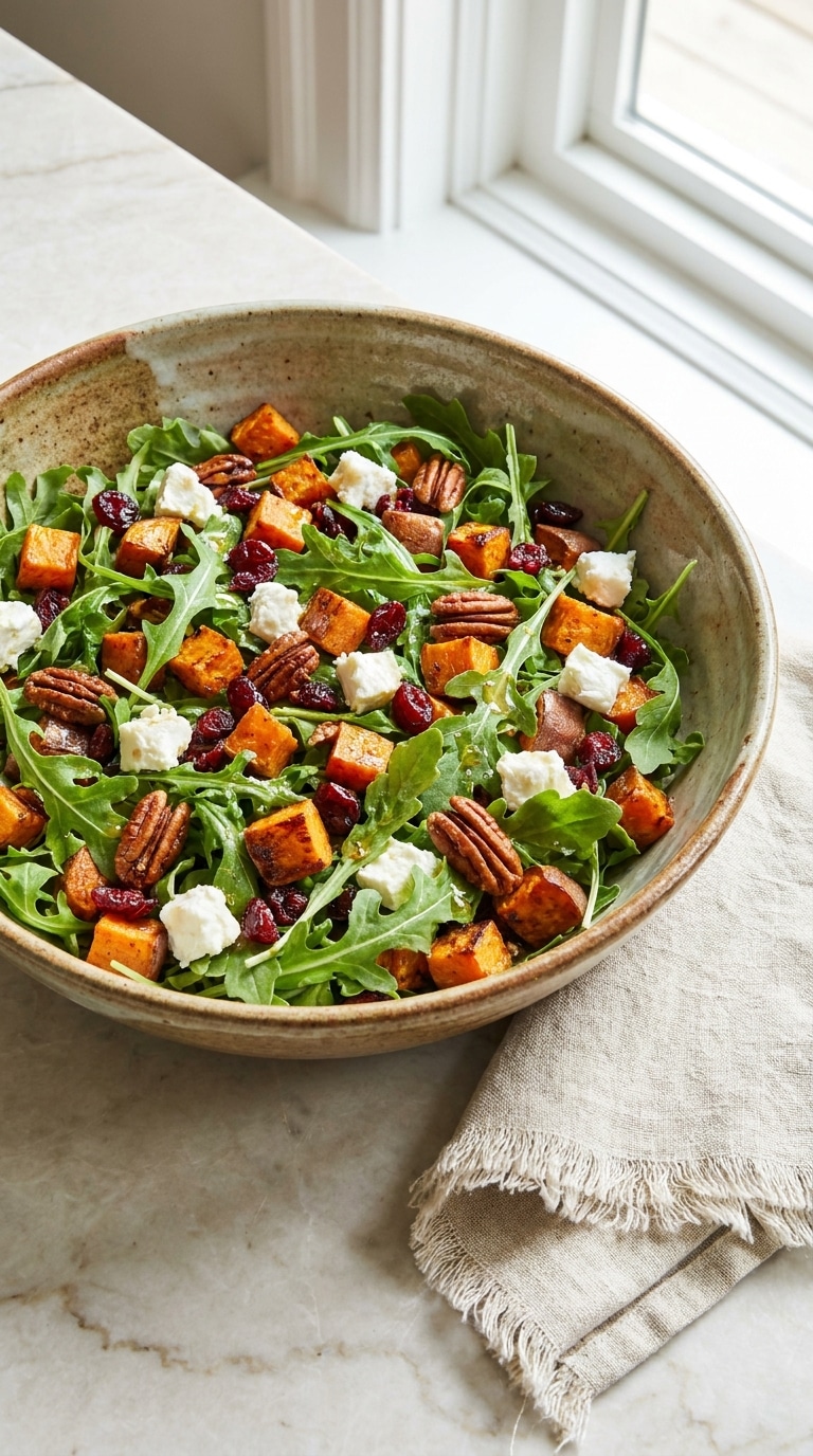A rustic ceramic bowl filled with an arugula salad topped with roasted sweet potatoes, dried cranberries, pecans, and crumbled goat cheese.
