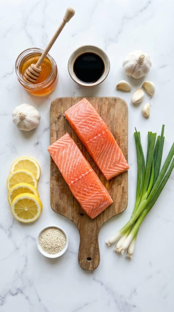 A flat lay showing raw salmon fillets, honey, soy sauce, garlic, lemon, sesame seeds, and green onions on a marble board.