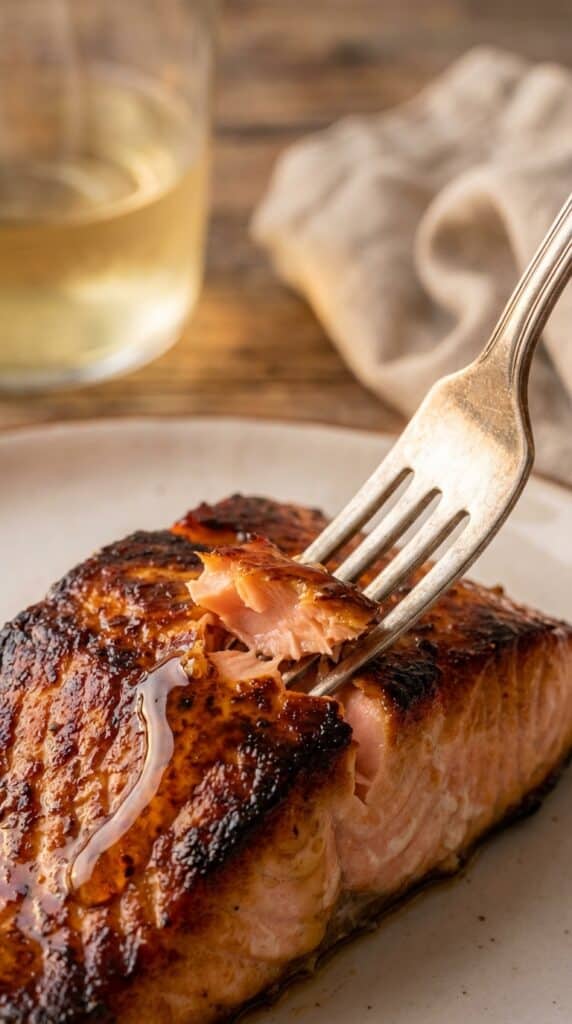 A close-up of a fork flaking a piece of cooked salmon, showing a juicy pink interior and a sticky, caramelized dark glaze on the outside.