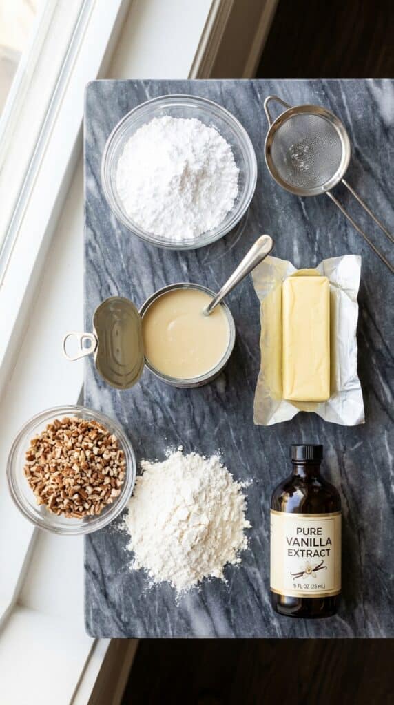 A flat lay showing butter, an open can of sweetened condensed milk, powdered sugar, chopped pecans, flour, and vanilla on a dark marble board.