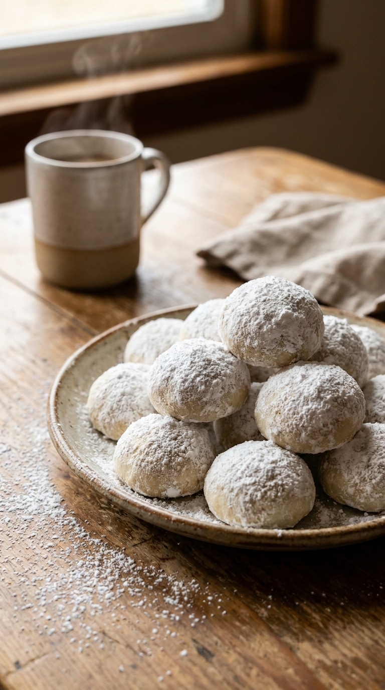 A white plate filled with round snowball cookies thickly coated in powdered sugar on a wooden table.