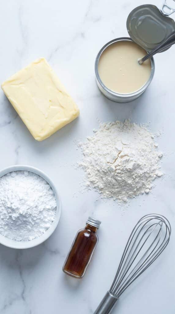 Overhead view of butter, sweetened condensed milk, flour, powdered sugar, and vanilla laid out on a marble counter.