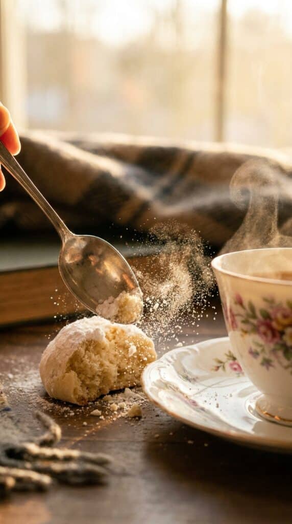 A close-up of a spoon breaking open a delicate, sugar-coated snowball cookie, showing its soft interior.