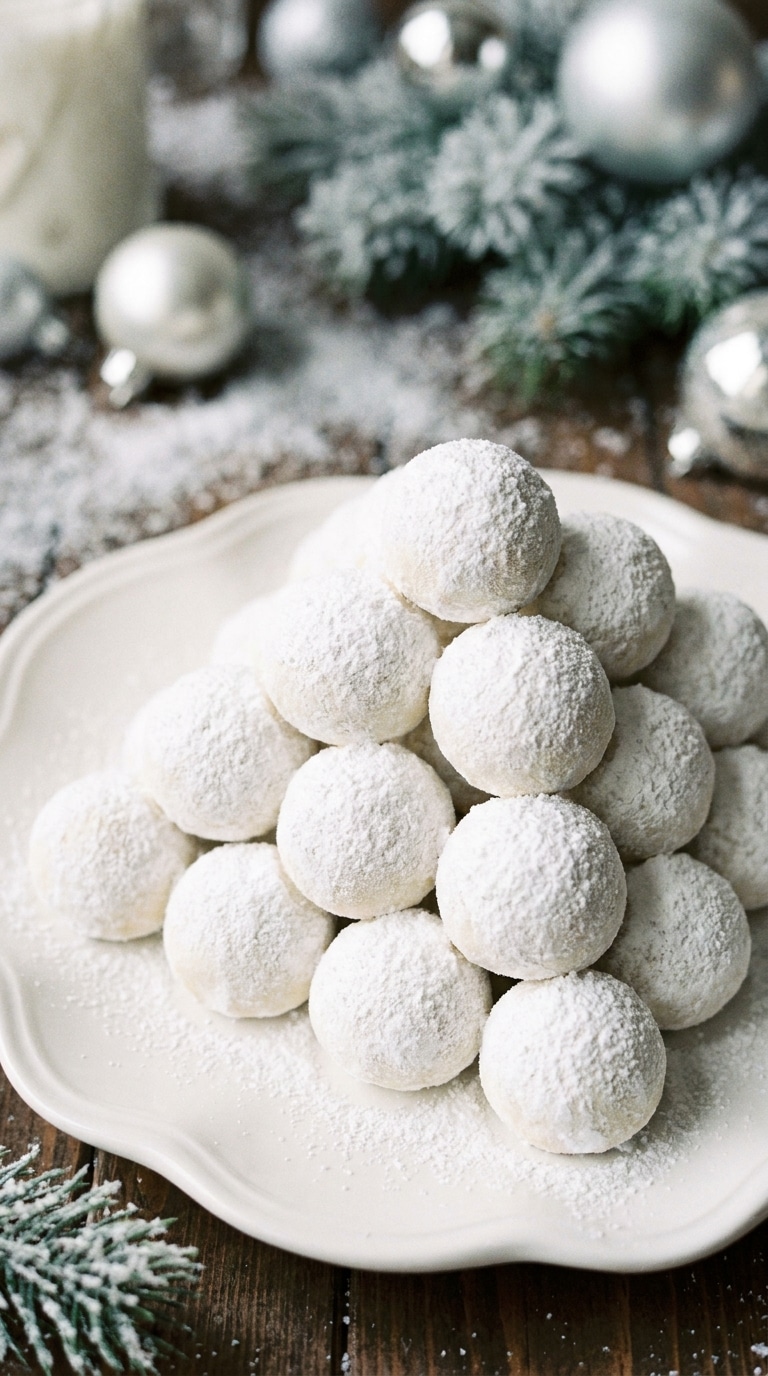 A pyramid of snow-white cookies coated in powdered sugar on a white platter, surrounded by winter holiday decorations.