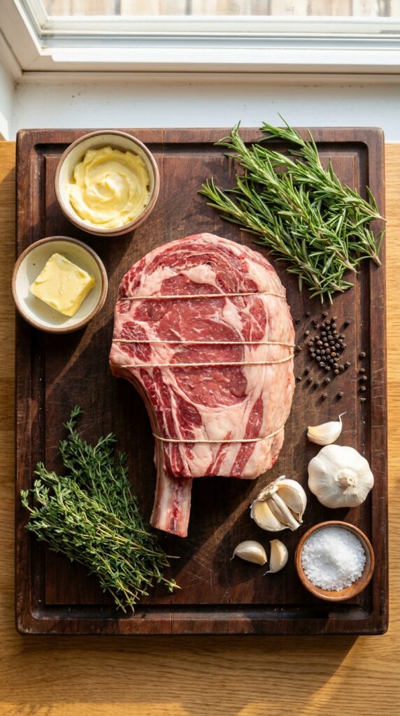 A flat lay showing a large raw prime rib roast, butter, fresh rosemary, thyme, garlic, and coarse salt on a dark wooden board.