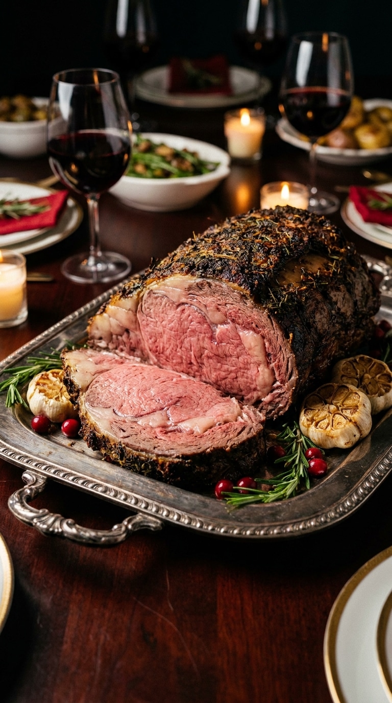 A carved, medium-rare prime rib roast with a dark herb crust on a silver platter surrounded by holiday garnishes and candlelight.