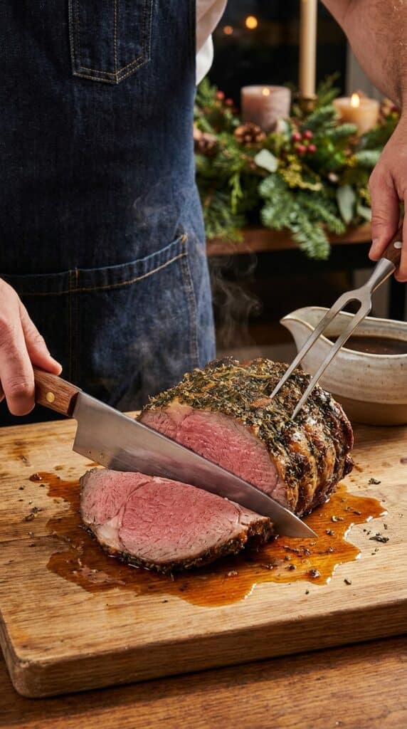 A close-up of a knife carving a thick slice of medium-rare prime rib, with savory juices pooling on a wooden cutting board.