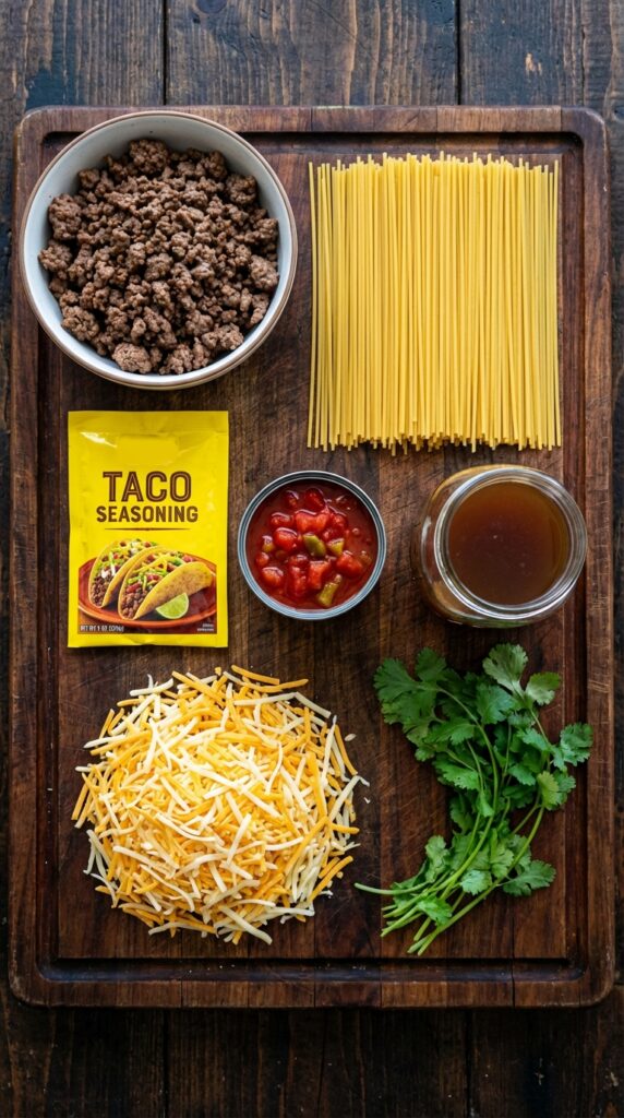 A flat lay showing browned ground beef, dry spaghetti, a taco seasoning packet, diced tomatoes, beef broth, shredded cheese, and cilantro on a wooden board.