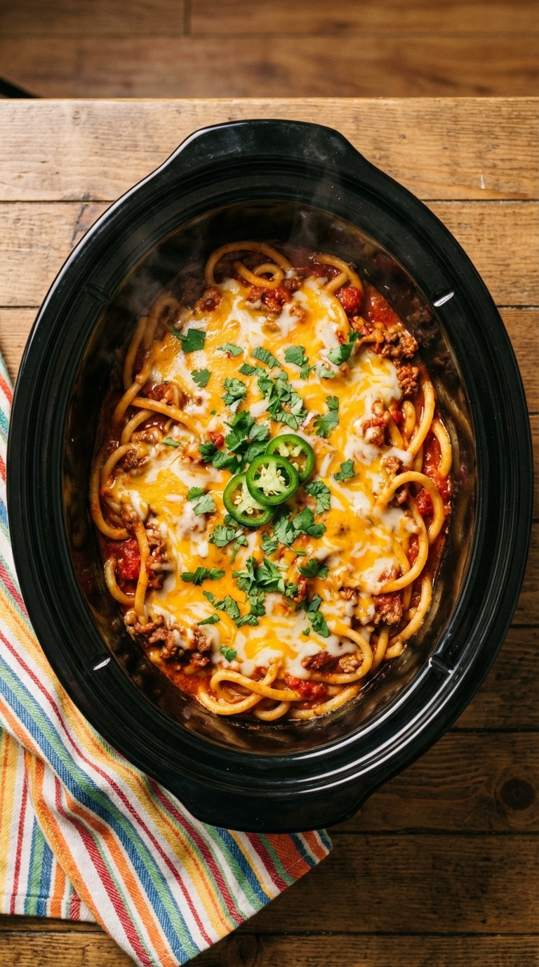 A top-down view inside a slow cooker filled with saucy taco spaghetti topped with melted Mexican cheese and fresh cilantro.