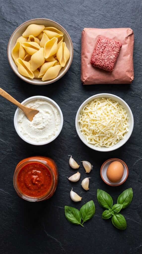 A flat lay showing jumbo pasta shells, ground beef, ricotta cheese, mozzarella, marinara sauce, garlic, an egg, and basil on a dark slate board.