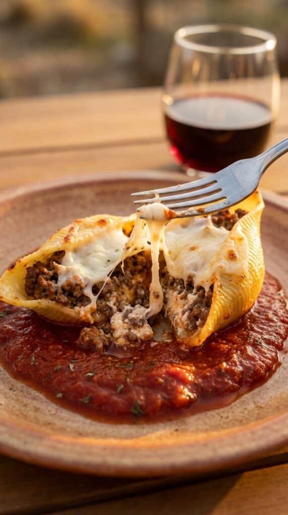 A close-up of a fork cutting into a stuffed pasta shell, revealing a ground beef and ricotta filling with a long cheese pull.
