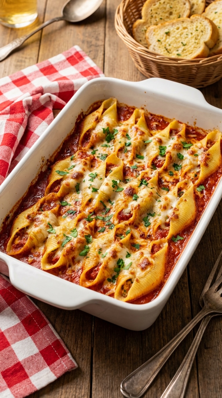 A baking dish filled with jumbo pasta shells stuffed with beef and cheese, covered in marinara sauce and melted mozzarella.