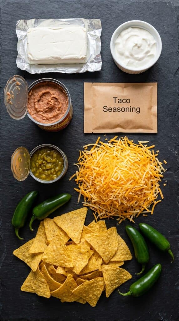 A flat lay showing cream cheese, sour cream, refried beans, shredded cheese, taco seasoning, green chiles, jalapeños, and tortilla chips on a dark slate board.