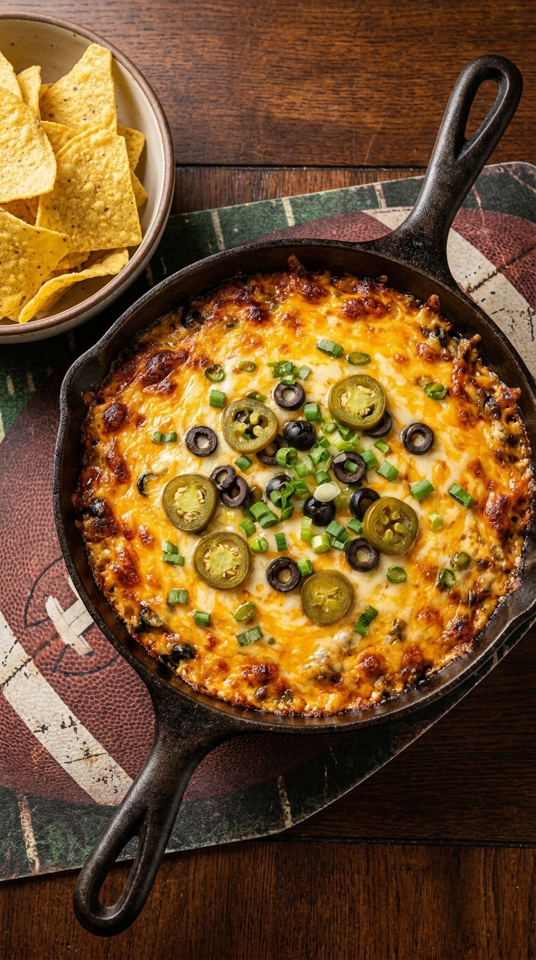 A top-down view of a cast-iron skillet filled with bubbling hot cheese dip garnished with jalapeños and green onions, next to tortilla chips.