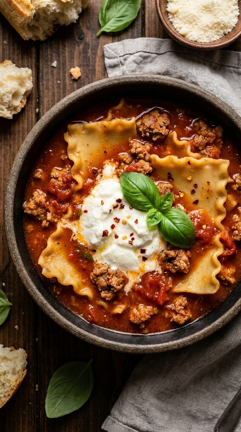 A close-up view of a rustic dark bowl filled with thick, rich Lasagna Soup, topped with a creamy dollop of melting ricotta and fresh basil.
