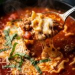 A dramatic, extreme close-up of a spoon lifting a thick, rich bite of lasagna soup, showing an intense cheese pull against a dark, moody background with rising steam.