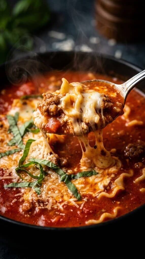 A dramatic, extreme close-up of a spoon lifting a thick, rich bite of lasagna soup, showing an intense cheese pull against a dark, moody background with rising steam.