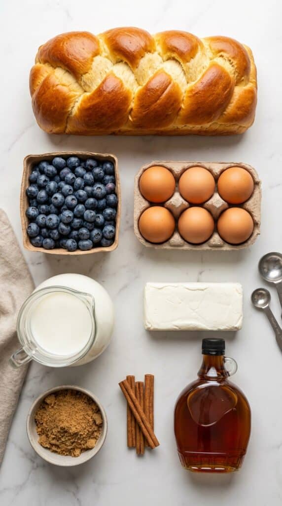 A flat lay showing a loaf of brioche bread, fresh blueberries, eggs, milk, cream cheese, brown sugar, and maple syrup on a marble board.
