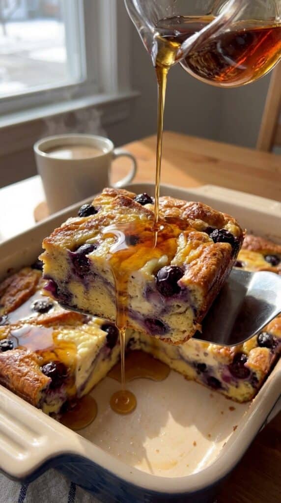 A close-up of a spatula lifting a slice of blueberry French toast casserole while maple syrup is being drizzled on top, revealing a custardy interior.