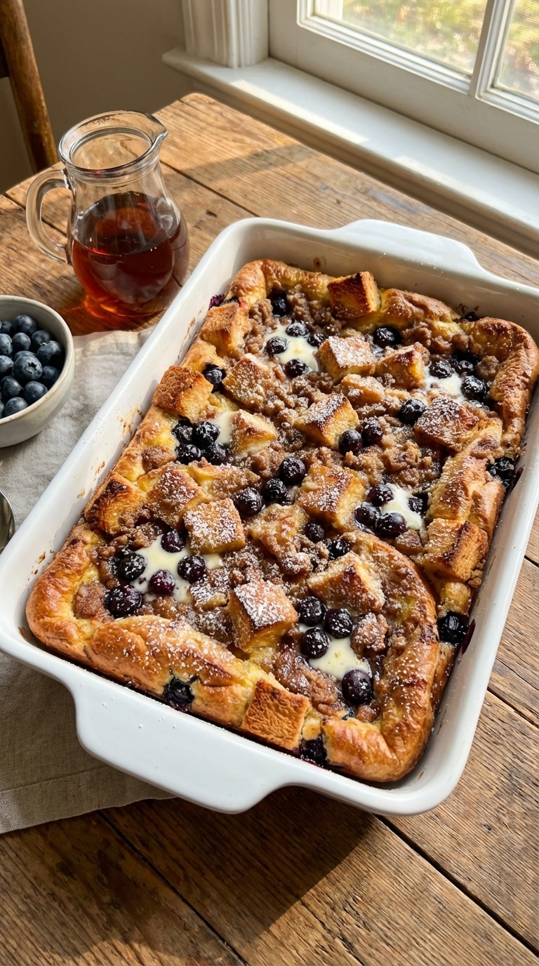 A white baking dish filled with baked blueberry French toast casserole, topped with streusel, burst blueberries, and powdered sugar.