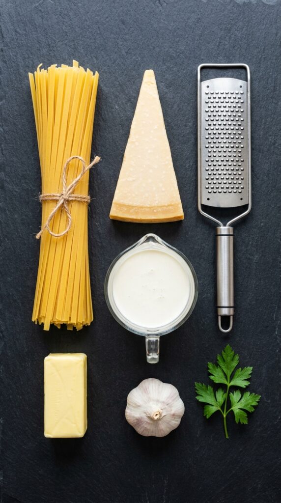 A flat lay showing dry fettuccine pasta, a wedge of parmesan, heavy cream, butter, garlic, and parsley on a dark slate board.