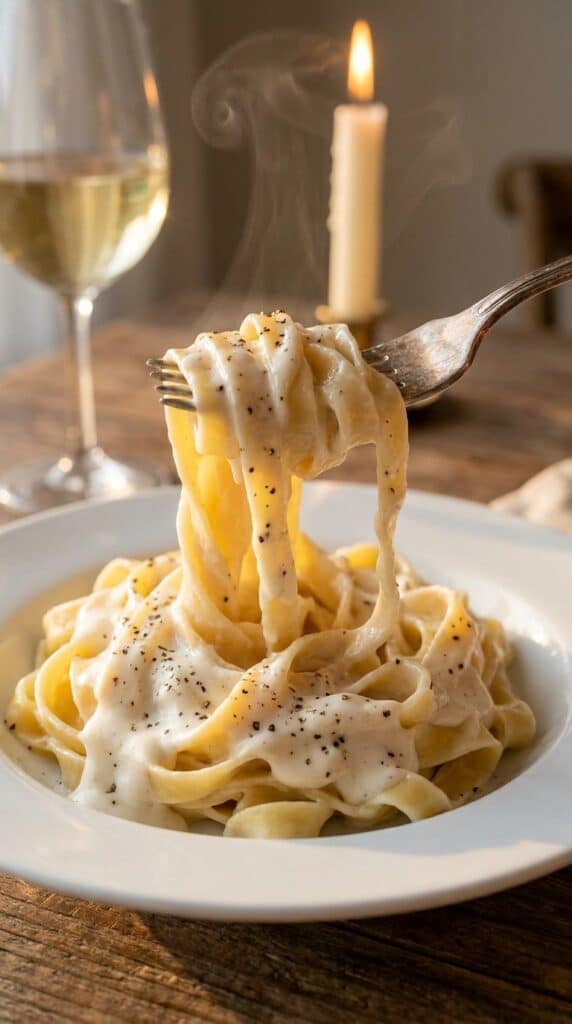 A close-up of a silver fork twirling wide fettuccine noodles coated in a thick, dripping white cream sauce, with a glass of wine in the background.