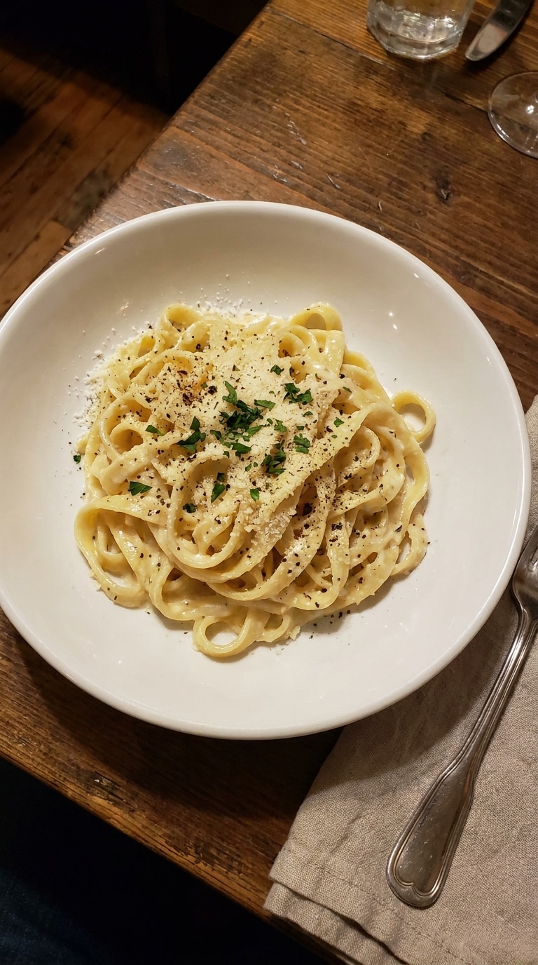 A top-down view of a white bowl filled with creamy fettuccine alfredo topped with fresh parsley and black pepper.