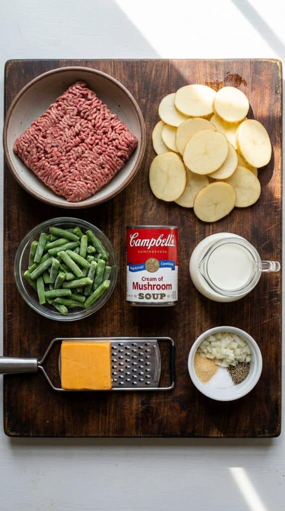 An overhead flat lay of raw ingredients for Hobo Casserole: ground beef, sliced potatoes, green beans, cream of mushroom soup, milk, cheese, and spices.