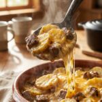 A close-up of a serving spoon lifting a portion of cheesy, creamy Hobo Casserole onto a plate, with steam rising.