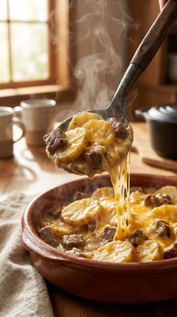 A close-up of a serving spoon lifting a portion of cheesy, creamy Hobo Casserole onto a plate, with steam rising.