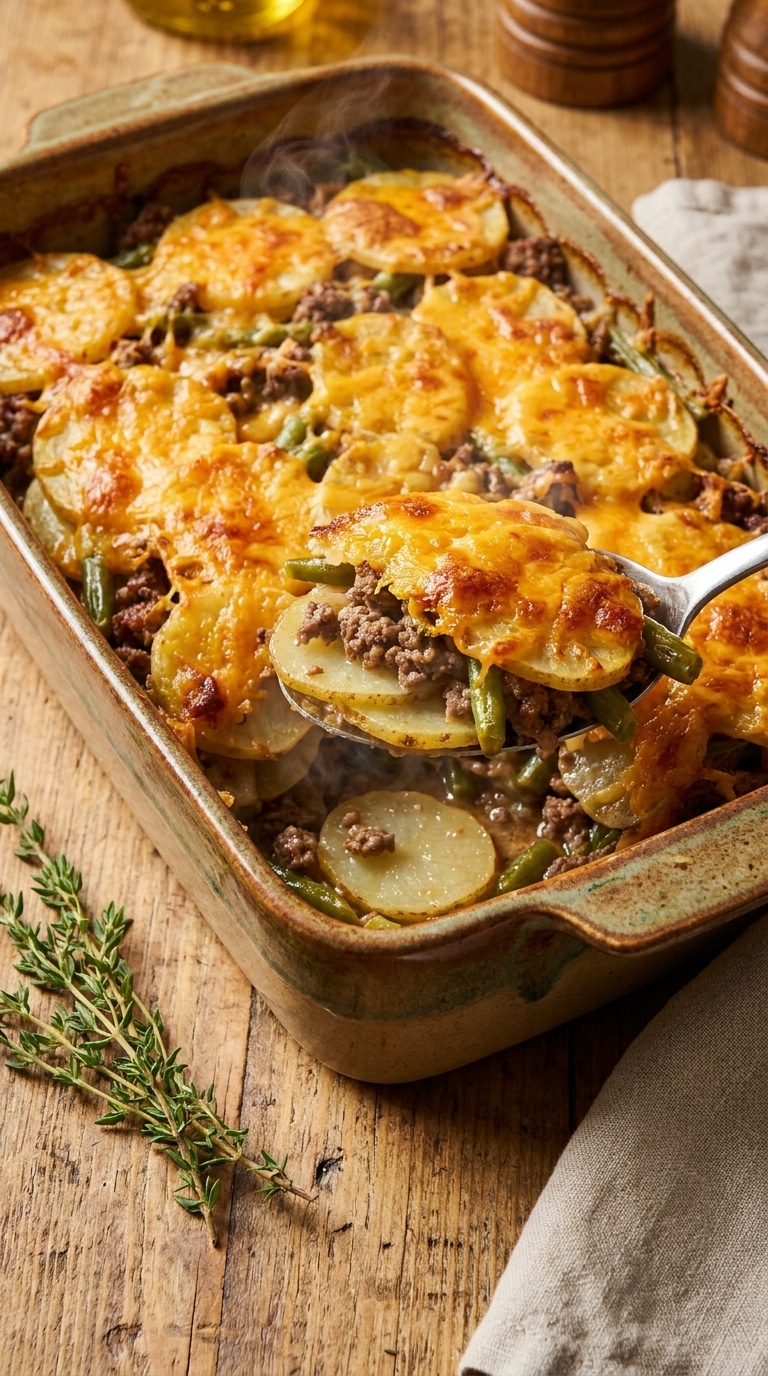 A golden, bubbly Hobo Casserole in a baking dish, featuring layers of ground beef, potatoes, and melted cheddar cheese.
